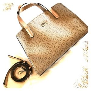 Guess Hand Bag, Beige with brown, includes strap.